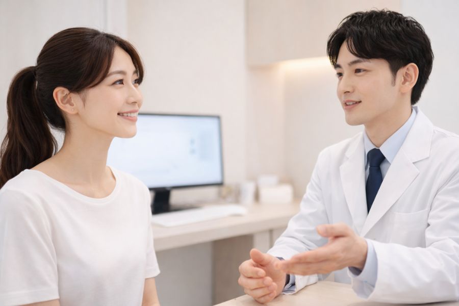 クリニックの診察室で医師のカウンセリングを受ける女性