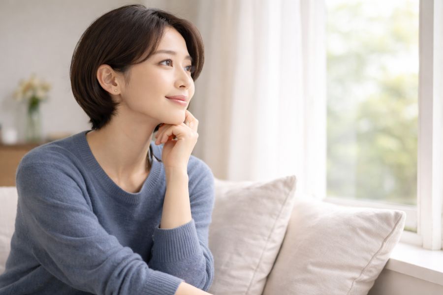 自宅の窓辺で施術後の過ごし方について考えている女性