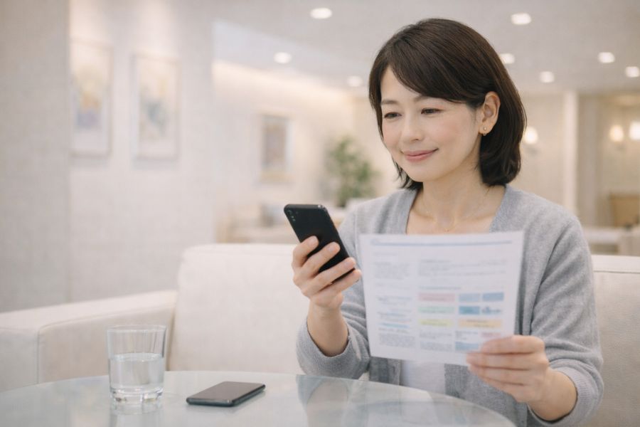 クリニックの待合で資料とスマートフォンを見る女性