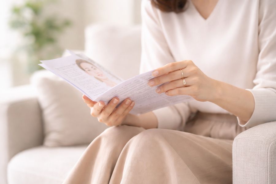 クリニック待合室でパンフレットに目を通す女性の手元