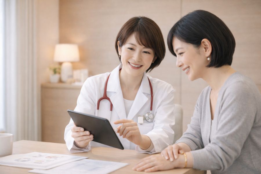 カウンセリングルームでタブレットを見ながら説明を受ける女性患者と女性医師