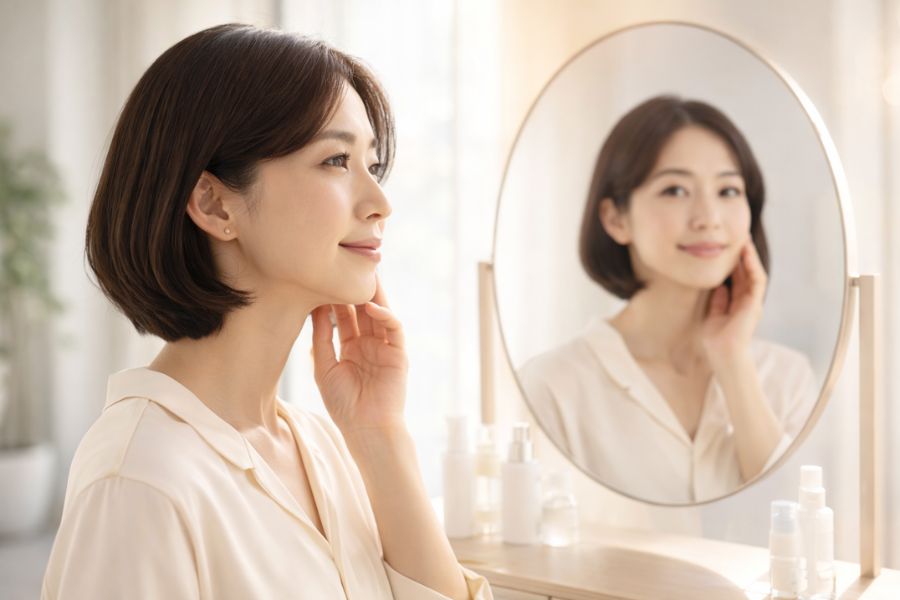 鏡を見ながらフェイスラインを確認する女性