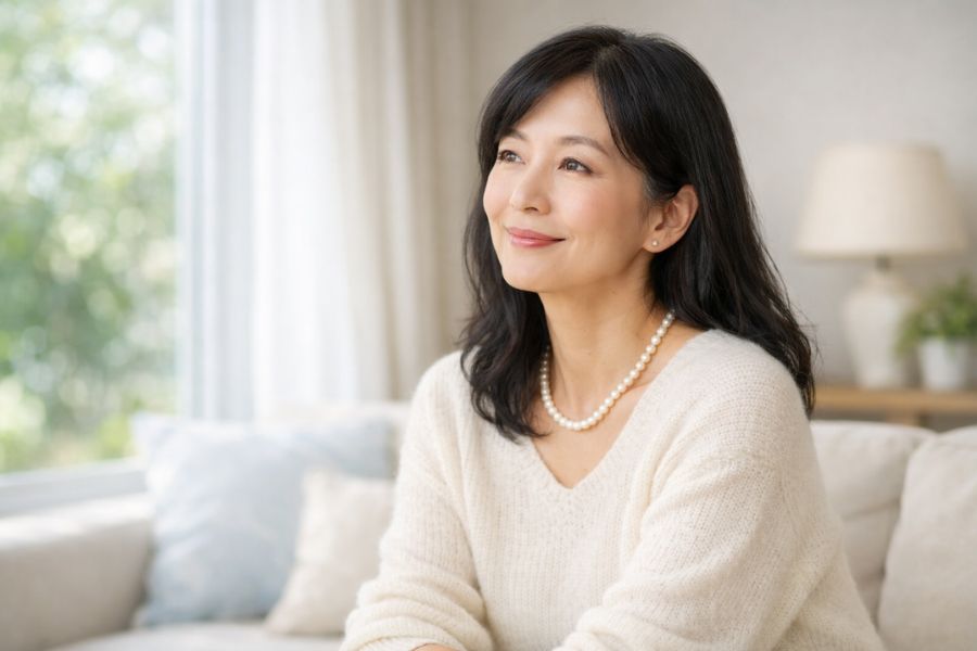 窓辺に座りくつろぐ50代の日本人女性