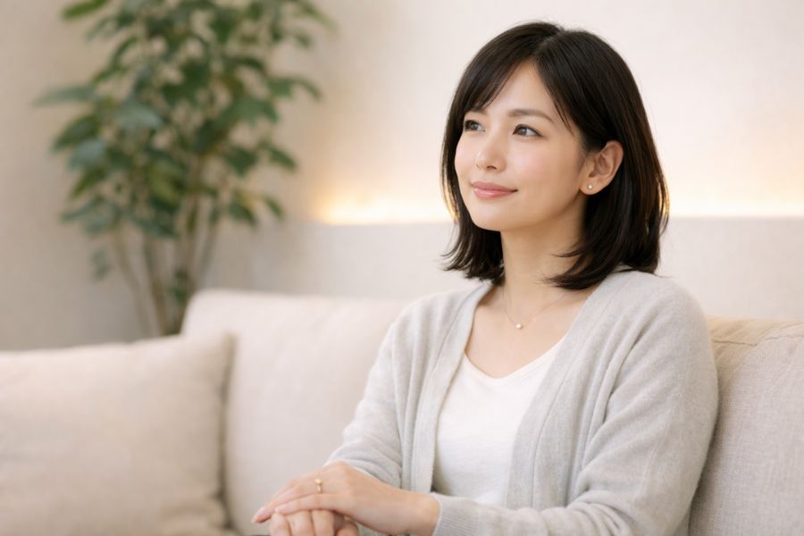 クリニックの待合室のソファに座り遠くを見ている女性