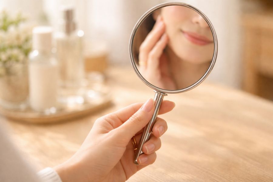 スキンケアをしながら肌状態をチェックする手元のクローズアップ