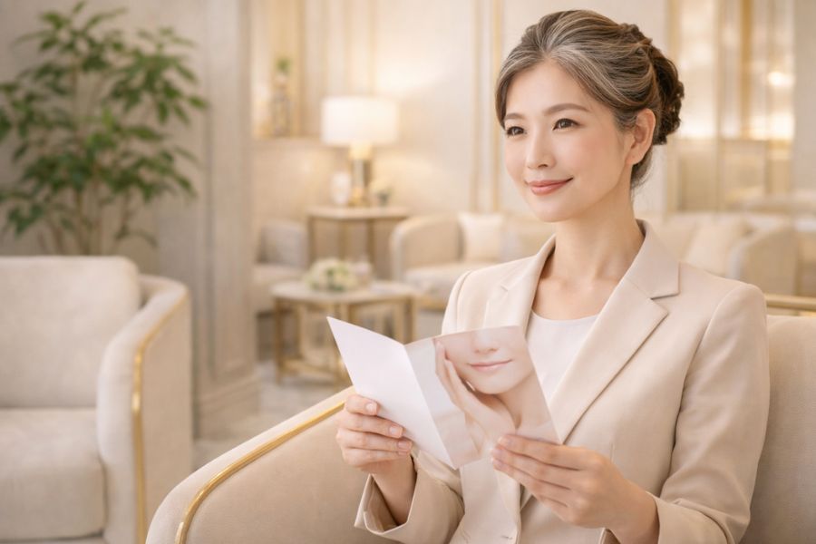 美容クリニックの待合室でくつろぐ40代女性