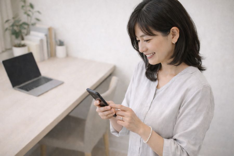 ホームオフィスで立ったままスマートフォンを操作する40代女性
