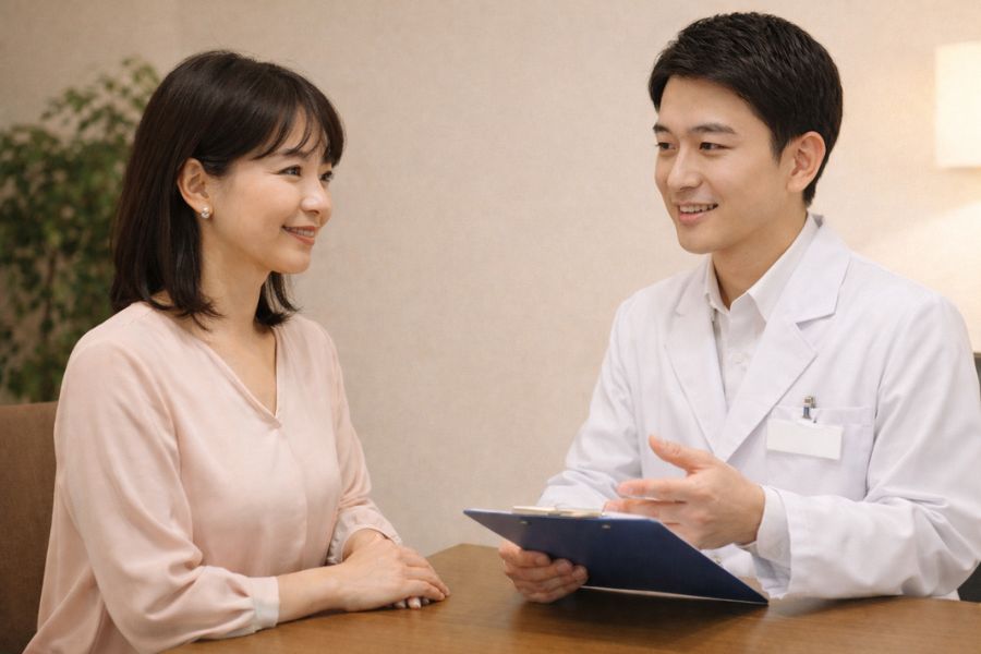カウンセリングルームでテーブルを挟んで向かい合う女性患者と男性医師