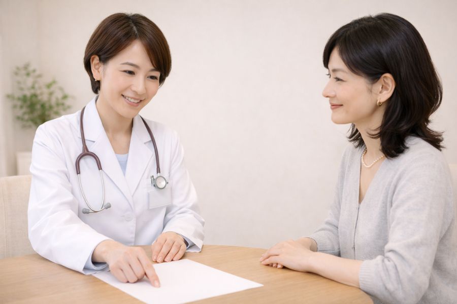 カウンセリングルームのテーブルを挟んで向かい合う女性医師と女性患者