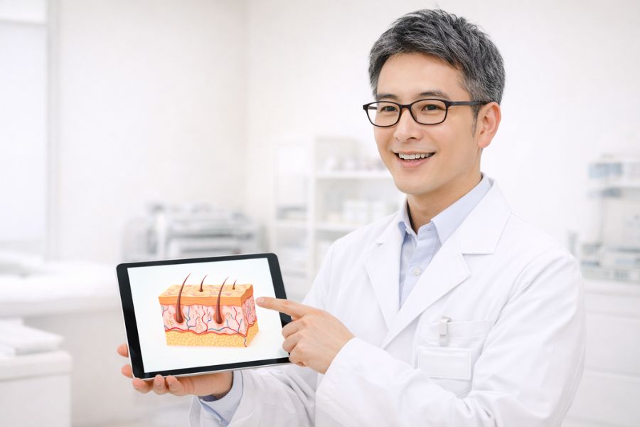 タブレットを手に持ち、画面を指差して説明している男性医師