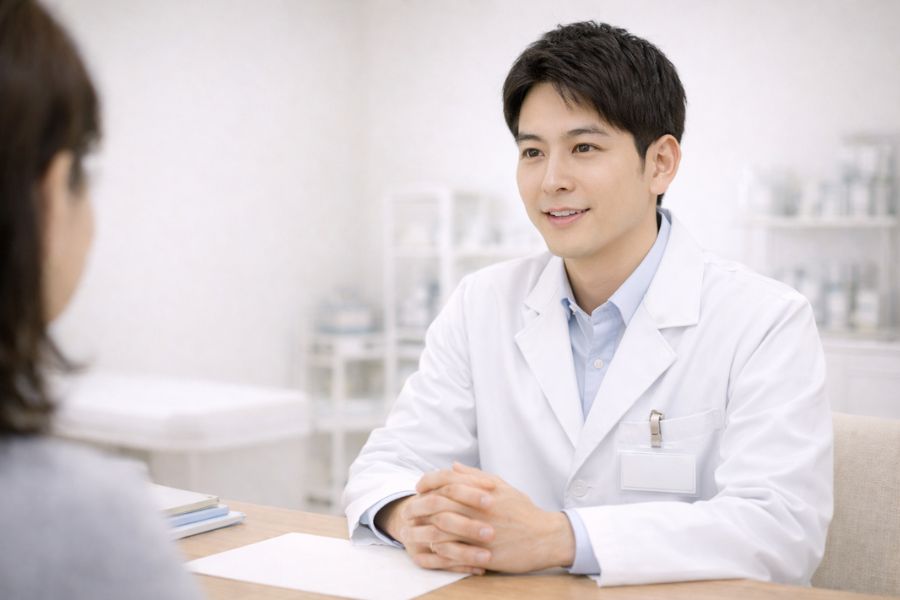 診察室のデスクに着席し、両手を組んで丁寧に話している男性医師