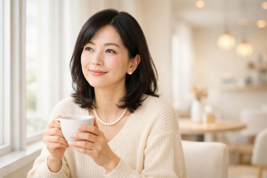 カフェの窓際でカップを両手で持ち微笑む40代女性