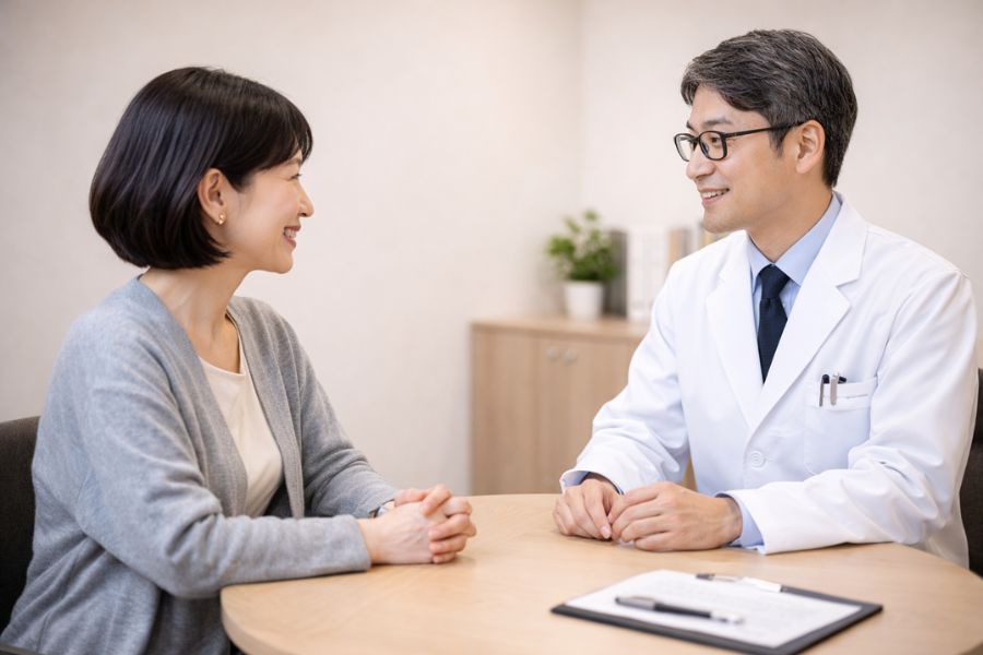 カウンセリングルームで向かい合って会話する50代女性と眼鏡をかけた男性医師