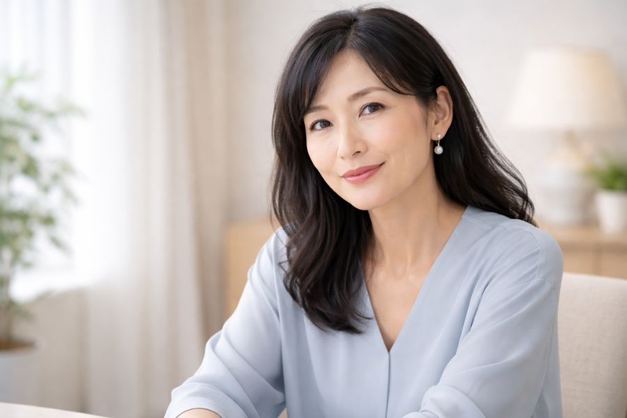 カウンセリングルームのチェアに座る50代の日本人女性