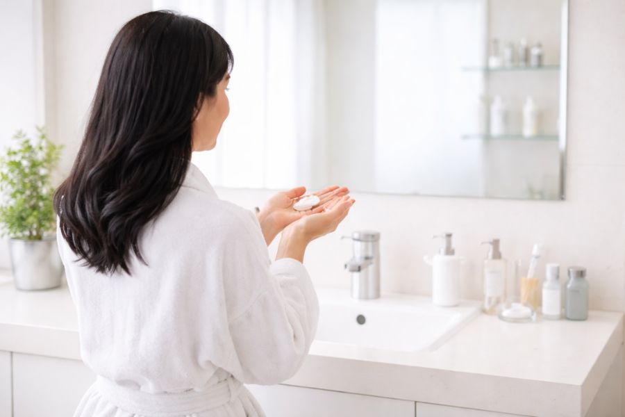 洗面台の前でスキンケアクリームを手のひらに取る女性の後ろ姿