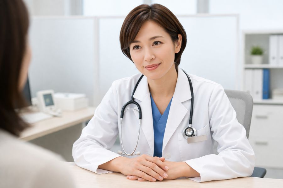 診察室のデスクに着席して前傾みで話す白衣の女性医師