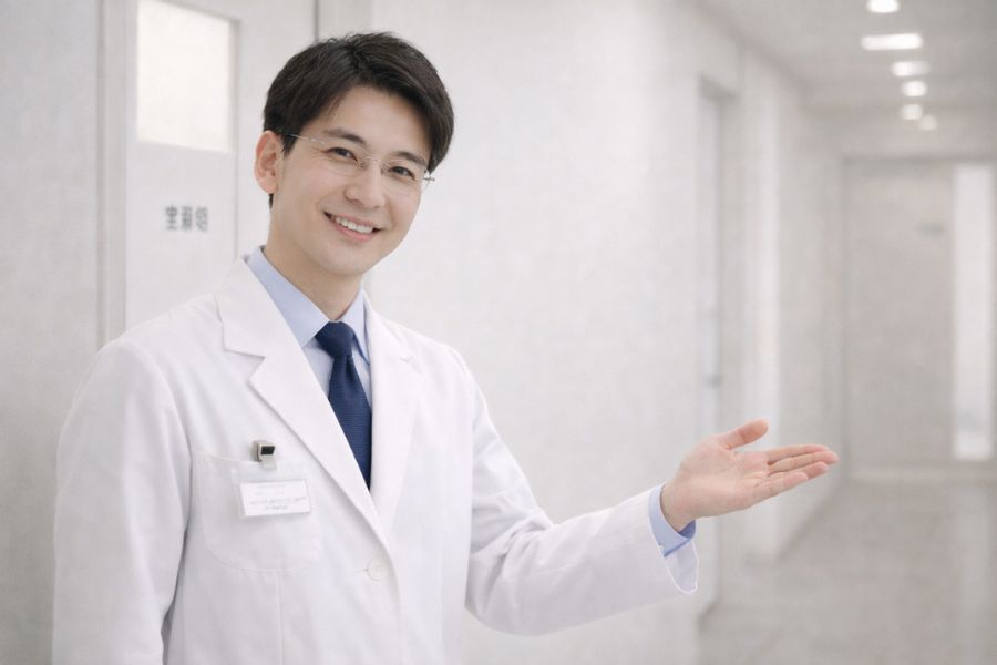 診察室のドア前でジェスチャーをしながら話す眼鏡の男性医師