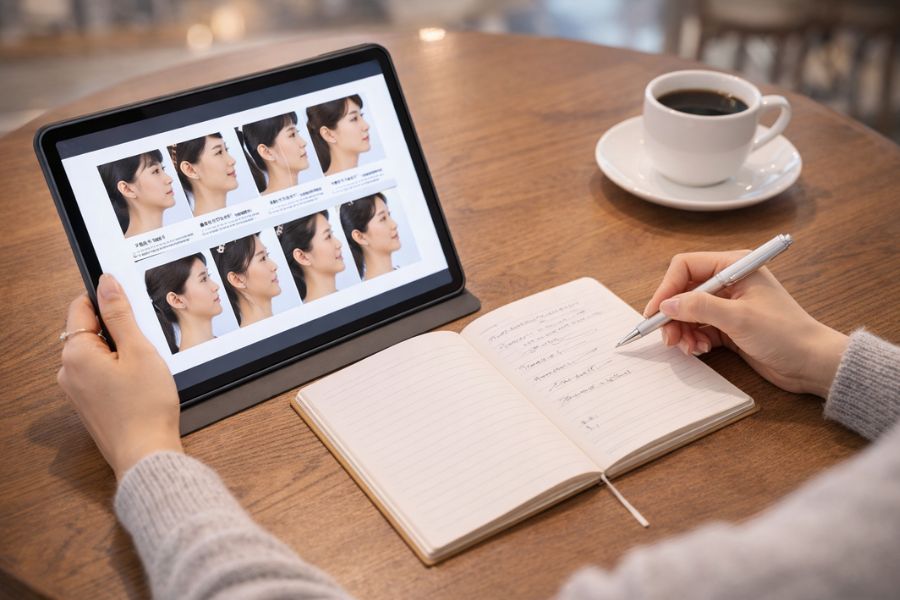 フェイスリフトの種類を比較・検討する女性の手元