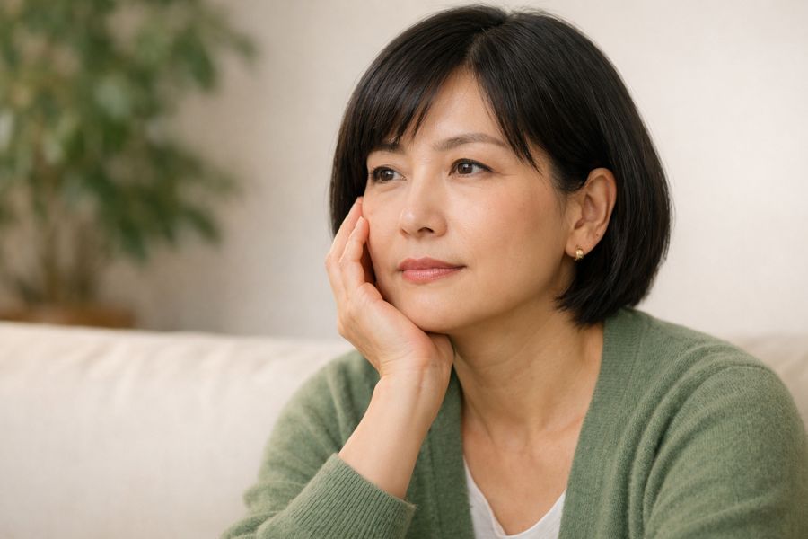 ソファに座り頬に手を当てて考える50代女性