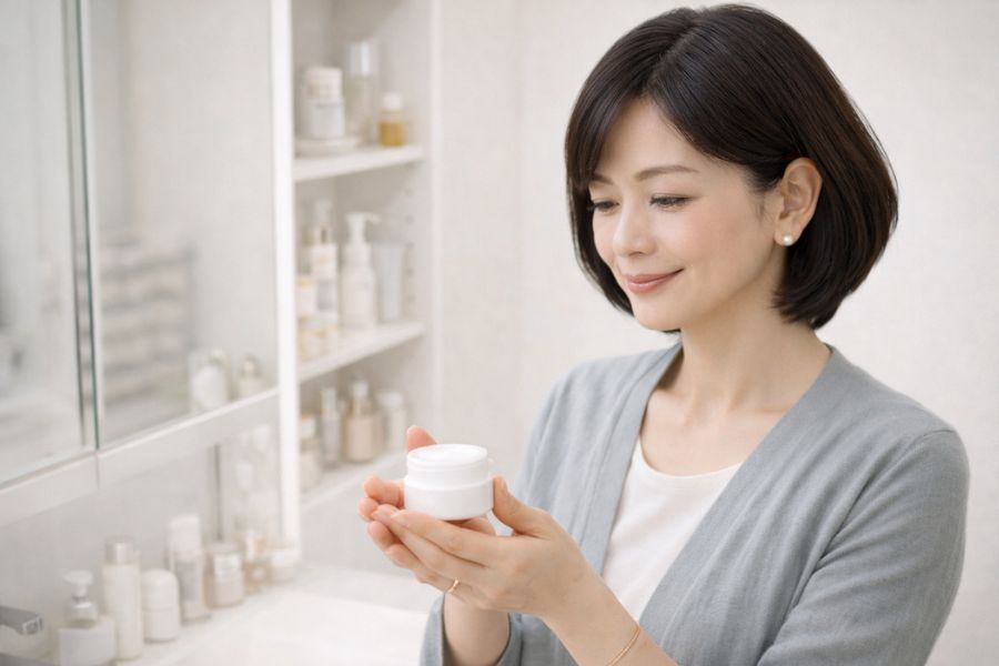 洗面台の鏡の前でフェイスラインを確認する50代女性