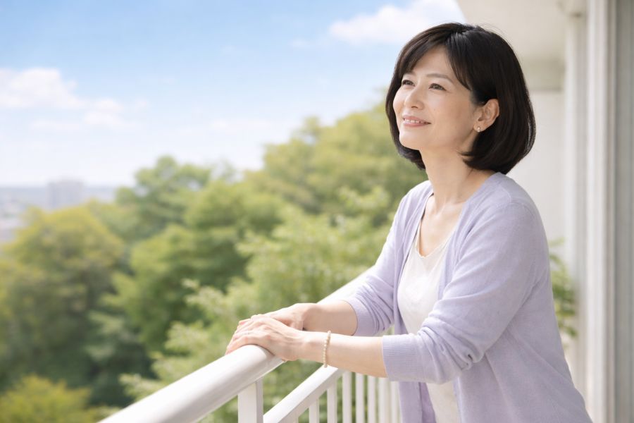 バルコニーの手すりに手をかけ空を見上げて微笑む50代女性