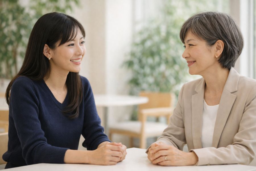 カフェテーブルで向き合って話す30代と50代の女性