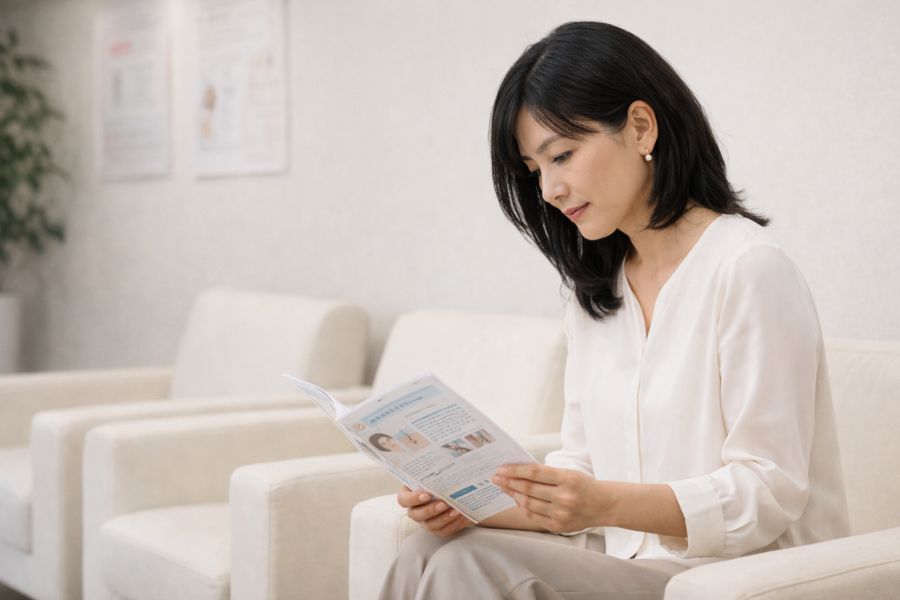 クリニックの待合椅子でパンフレットを読む40代女性
