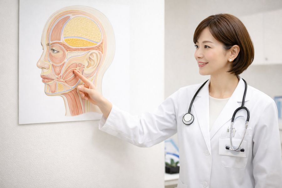 顔の断面解剖図を指差して説明する女性医師