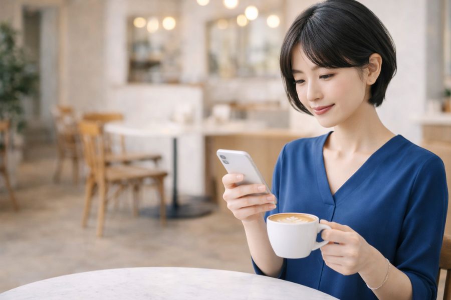 カフェでスマートフォンで情報を調べている30代女性