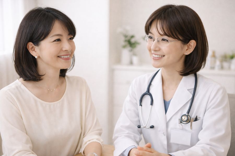 カウンセリングルームで向かい合って会話している女性患者と女性医師