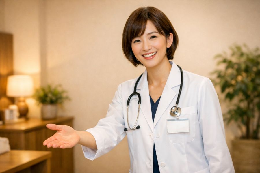 片腕を前方に伸ばしてジェスチャーをしながら説明している女性医師