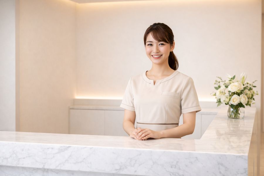 美容クリニックの受付カウンターで微笑むスタッフ