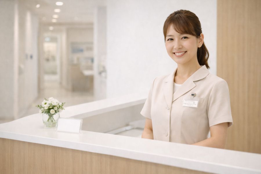 クリニックの受付カウンターで来院者を迎える受付スタッフ