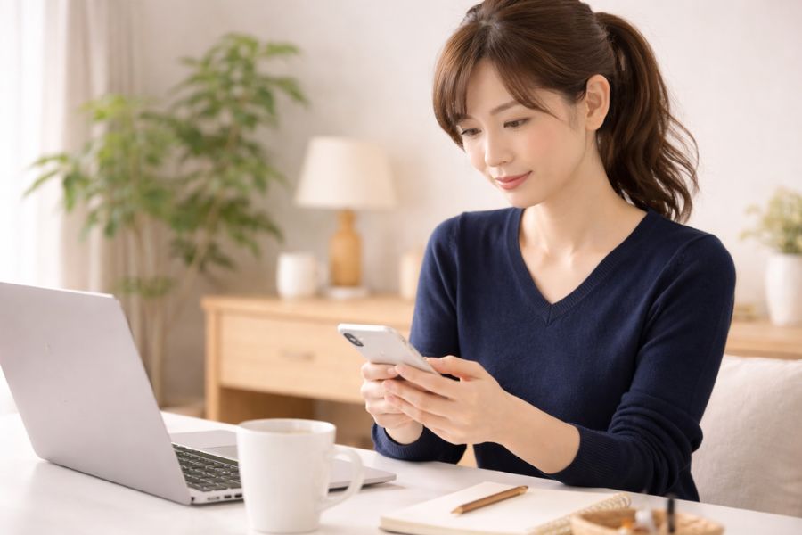 デスクでスマートフォンを操作する20代女性の姿