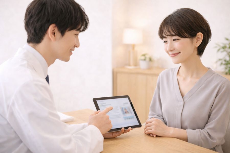 クリニックのカウンセリングルームで医師と話し合う女性