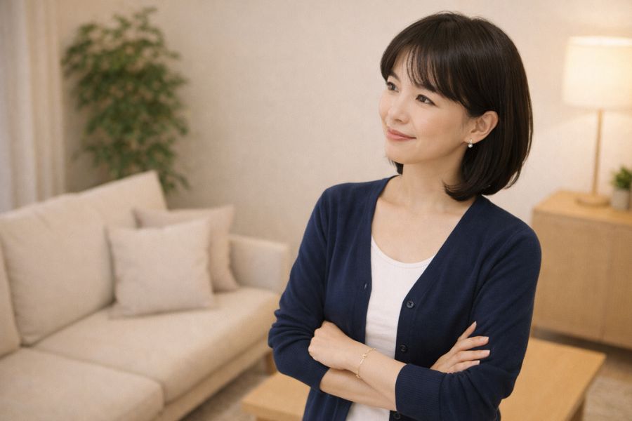 明るい室内で腕を組んで前を向いている女性