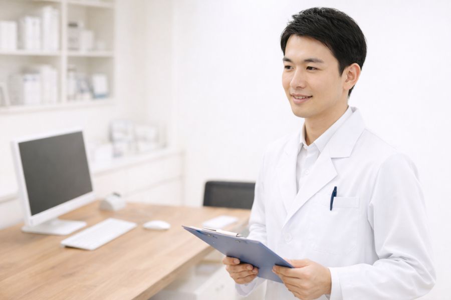 クリニックのデスク横に立ちクリップボードを持つ男性医師