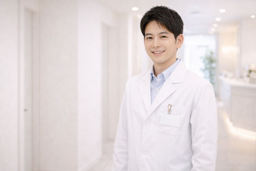 クリニックの廊下に立ち、正面を向いている白衣の男性医師