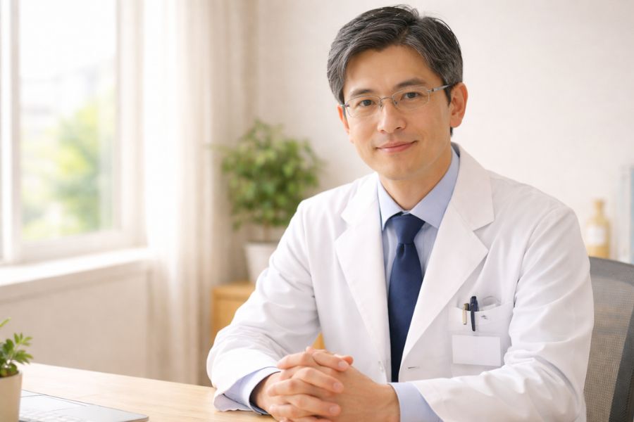 眼鏡をかけた男性医師が診察室の窓側で両手を組んで正面を向いている