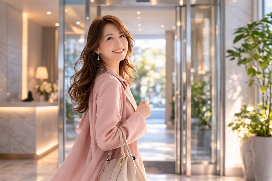 クリニックのエントランスで明るく振り返る40代女性