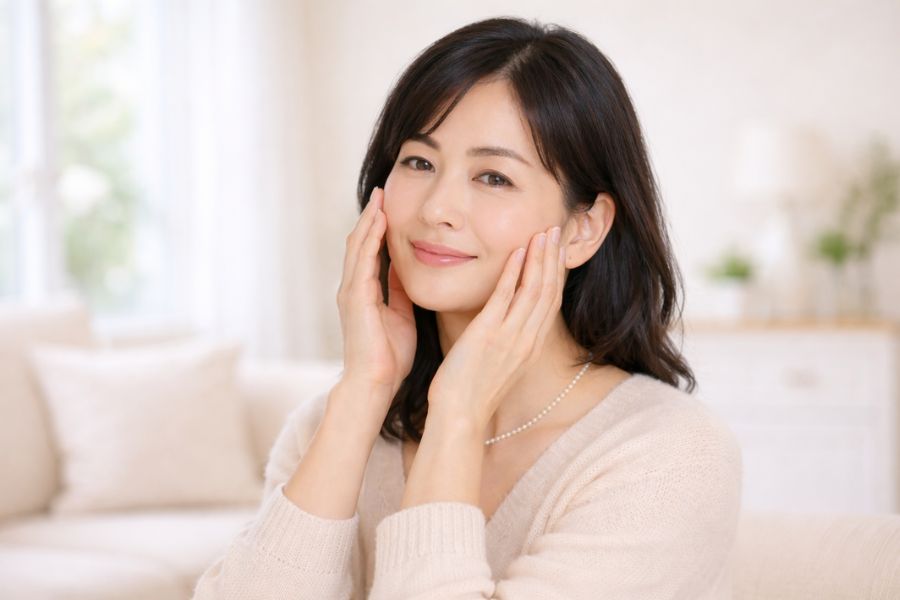 窓際に立ち、頬に指先をそっと添えている女性