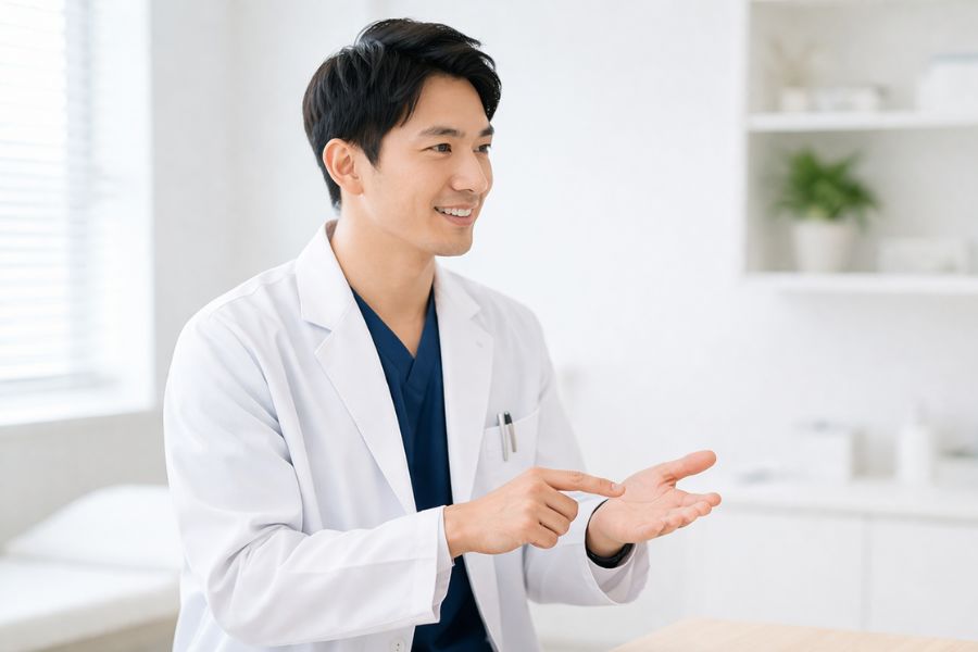 白衣の男性医師が立ちながらジェスチャーを交えて説明している様子