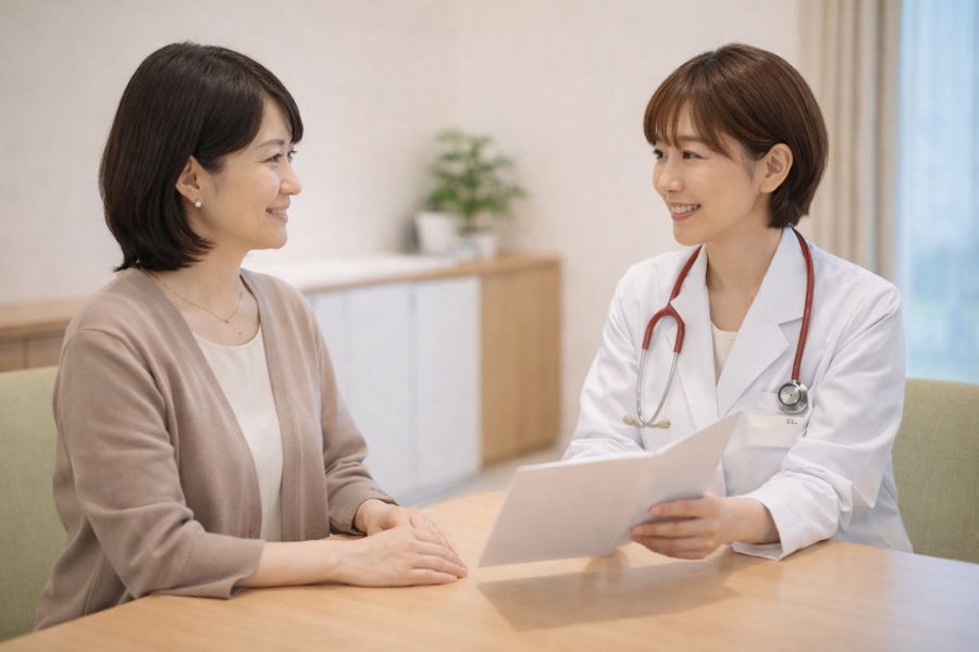 カウンセリングルームで女性医師と女性患者が向かい合って話している様子