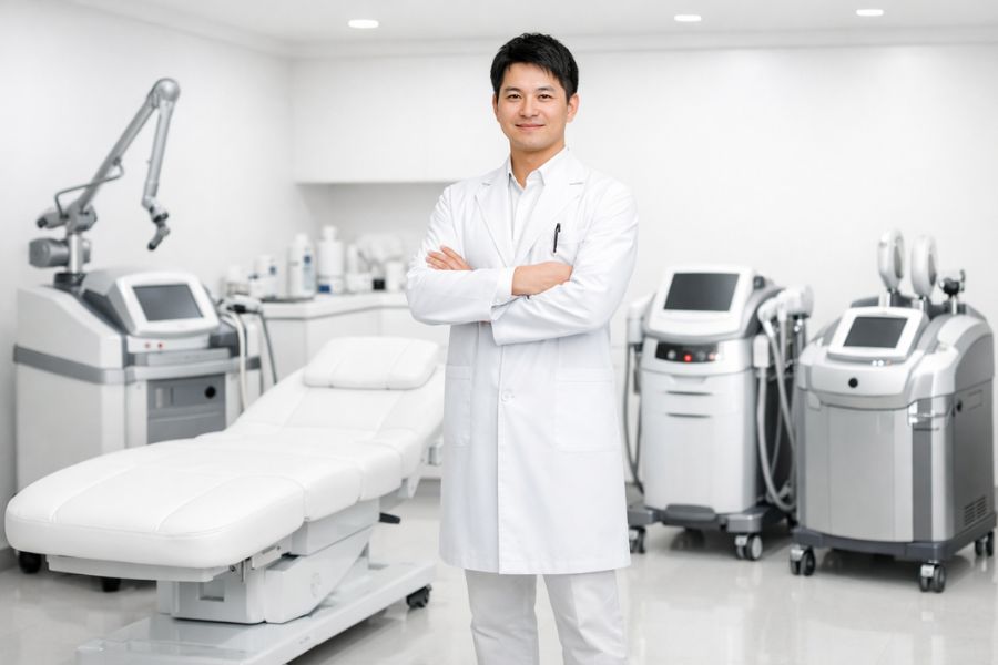 施術室で美容医療機器の横に立つ若い男性医師