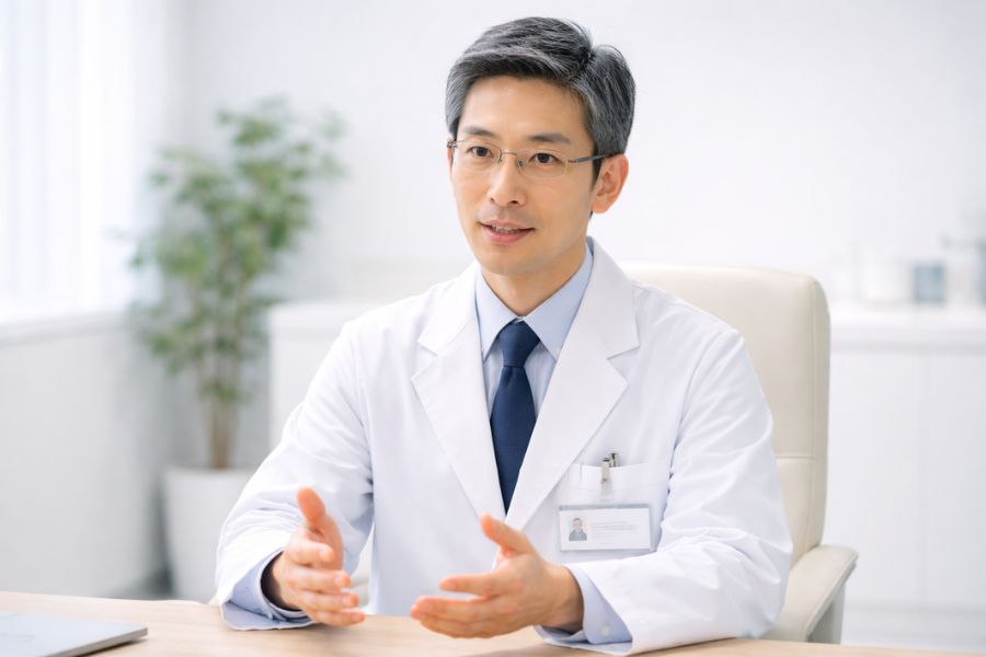 眼鏡をかけた男性医師がデスク前でバストアップで話している様子