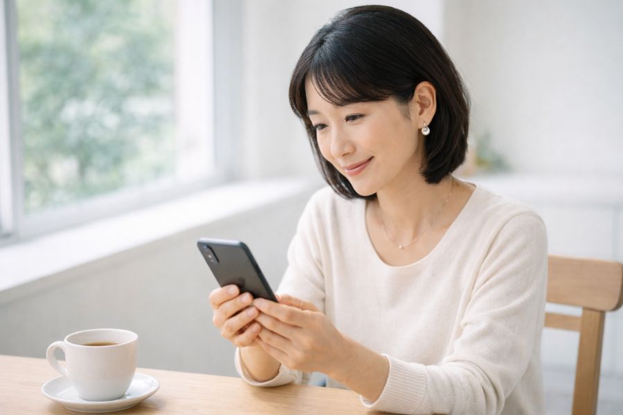 カフェの窓際でスマートフォンを見ながら情報収集する女性