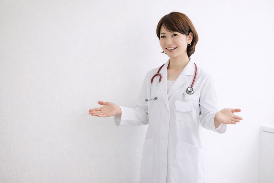 白衣の女性医師が両手を広げながら立っている様子