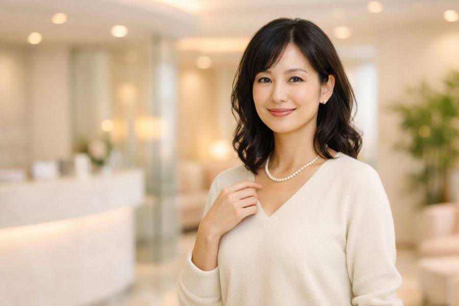 美容クリニックのロビーに立つ40代の日本人女性