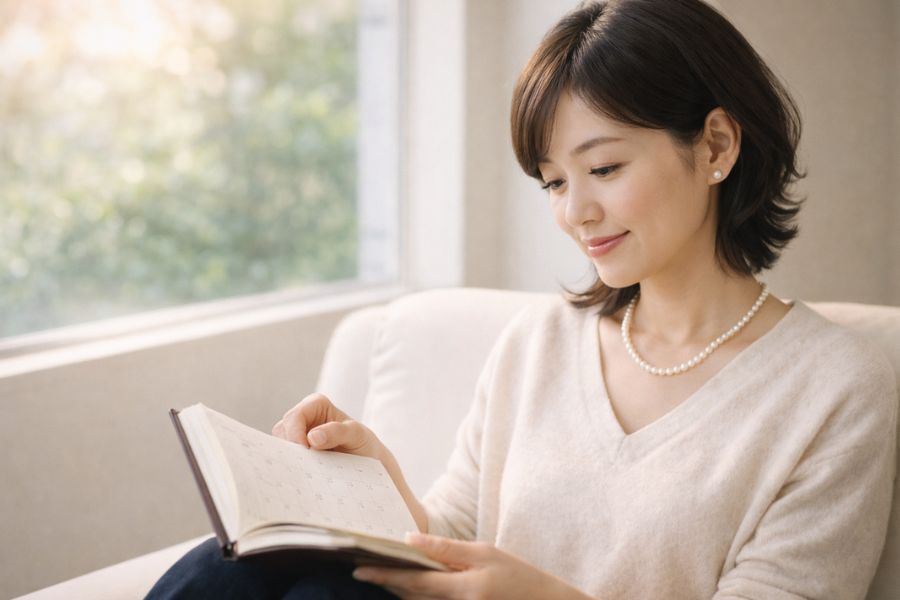 窓辺のソファで手帳のカレンダーを確認する日本人女性