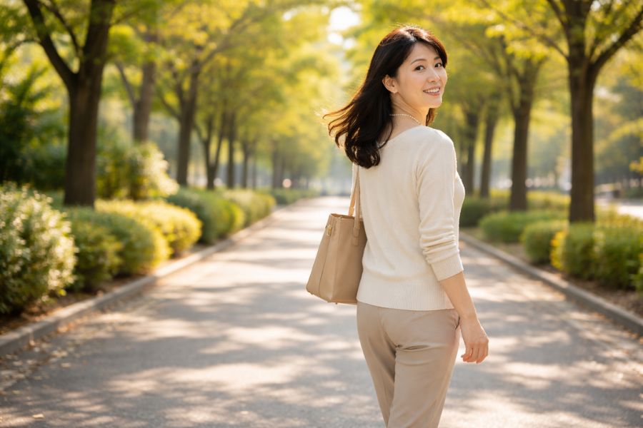 朝の並木道を歩く日本人女性の後ろ姿